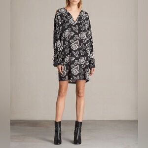 All Saints Black and White Floral Long Sleeve Dress